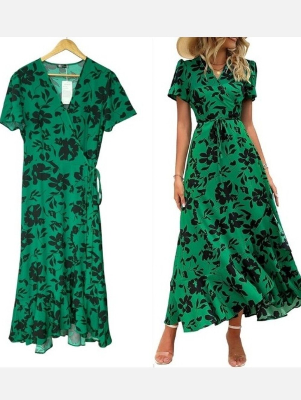 PrettyGarden green floral wrap midi dress with short sleeves and a ruffled hem.